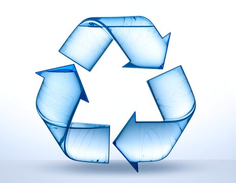 Transparent blue water forms a 3D recycling symbol, set against a bright white backdrop