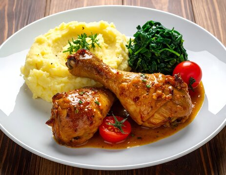 A plated meal of roasted chicken, mashed potatoes, and spinach with cherry tomatoes