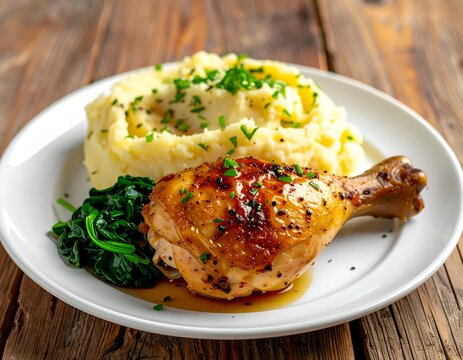 A plate holds roasted chicken leg, mashed potatoes, and spinach, on a wood surface