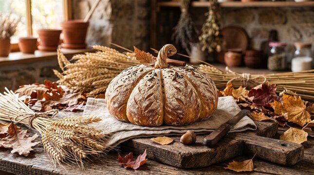 Rustic homemade bread shaped like a pumpkin with autumn wheat and dried leaves
