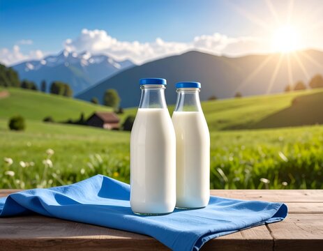 Two glass milk bottles sit on a table, idyllic rural landscape in background, sunny day