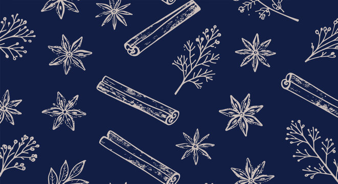 Vintage spice seamless pattern with cinnamon sticks and star anise. Hand drawn botanical herbs on dark blue background. Vector kitchen wallpaper.
