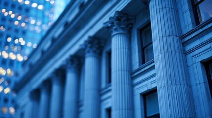 Fototapeta premium Grand Classical Architecture with Majestic Columns and Modern Skyscraper Backdrop in Blue Tones