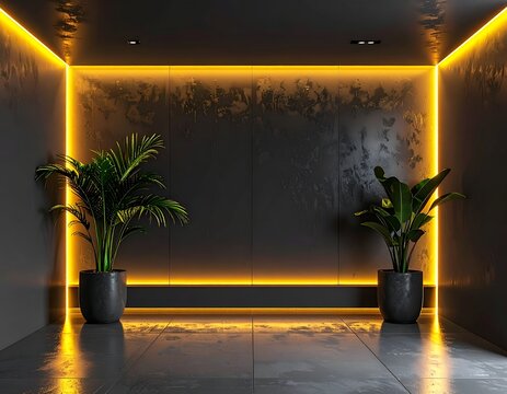 Dark room with plants flanking a textured wall, illuminated by warm orange neon lights