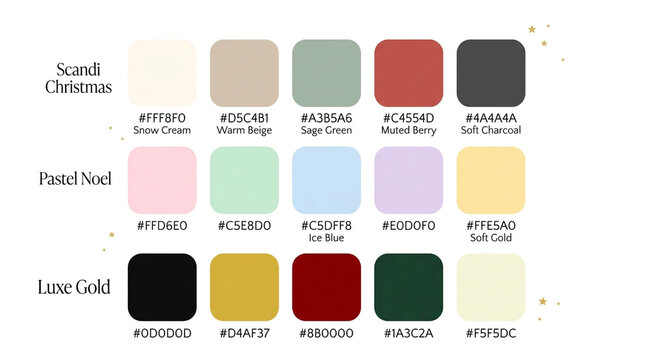 Scandi Christmas color palette with hex codes, Pastel Noel and Luxe Gold holiday swatches, professional winter design guide