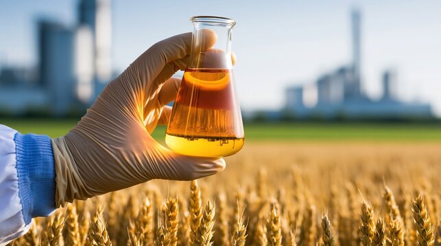 Scientist in Glove Holds Flask of Golden Liquid Amidst Wheat Field with Industrial Buildings in Background
