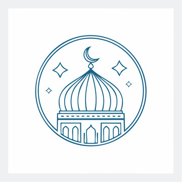 A minimalist blue line art icon depicts a mosque dome with a crescent moon and stars.