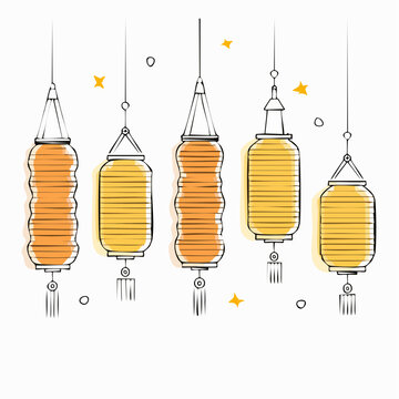 Hand-drawn sketch of five glowing yellow and orange paper lanterns hanging with tassels.