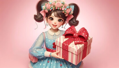 Fototapeta premium A cheerful girl with pigtails and a floral crown holds a beautifully wrapped present while wearing a blue dress with polka dots, Ai generated image