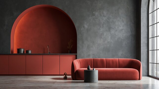 Modern living room with curved terracotta sofa and arched alcove against dark textured wall