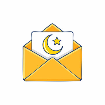 An open yellow envelope containing a card with a crescent moon and star symbol.