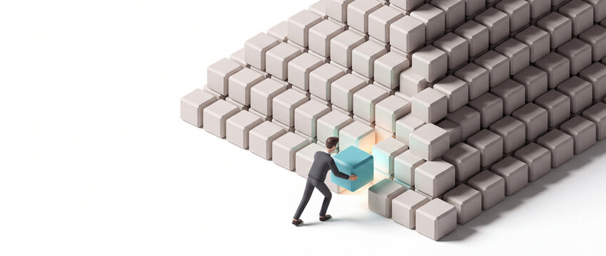 Businessman inserting glowing blue block into wall in modern 3d render isometric style, featuring neutral grey cubical structure for corporate strategy, puzzle solution and teamwork concepts