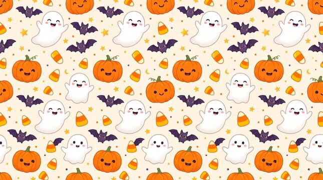 Cute kawaii Halloween pattern with smiling ghosts and pumpkins on light background