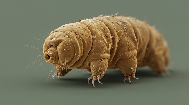 High-resolution digital illustration of a tardigrade or water bear, depicted in a scanning electron microscope style. This microscopic organism features a segmented brown body, sensory bristles, cl...