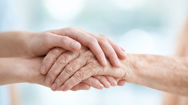 Close-up of a younger hand gently holding an older wrinkled hand symbolizing care, support and compassion