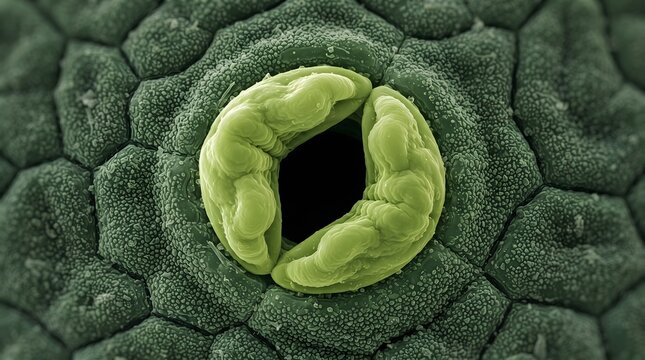 A detailed scientific 3D illustration of a plant stoma, highlighting the green guard cells and open pore on the textured leaf epidermis, representing plant respiration, photosynthesis, transpiratio...