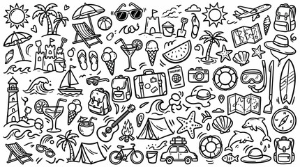 Fototapeta premium Summer vacation and beach doodle illustration set, hand drawn travel line art style