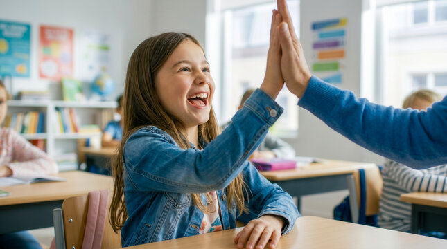 Happy schoolgirl giving a high five to her teacher in a bright classroom