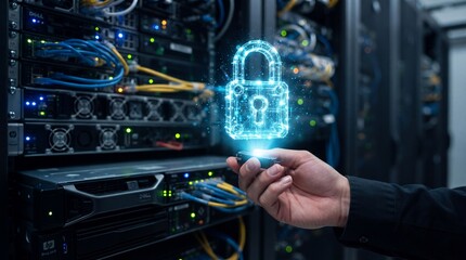 Fototapeta premium A hand holding a glowing digital blue padlock hologram in a server room with racks of ad social media download thambnail poster web template event festival 2026 2027 2028