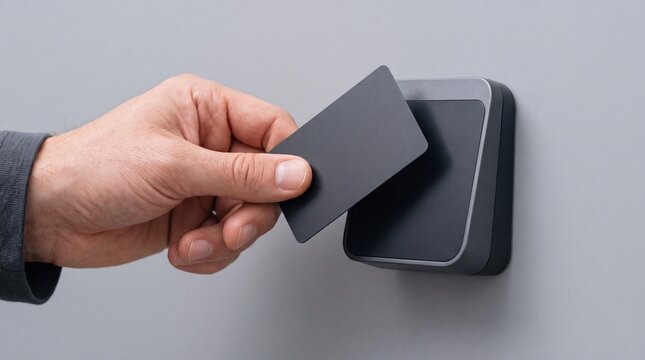 A hand holding a plain black plastic card near a grey contactless reader mounted on a wall, ad social media download thambnail poster web template event festival 2026 2027 2028