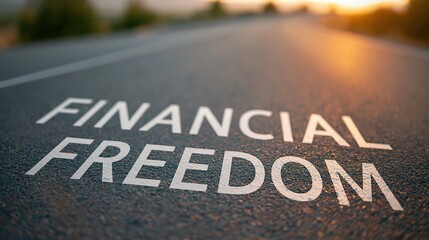 Fototapeta premium Financial freedom text painted on asphalt road stretching toward golden sunset horizon symbolizing journey to wealth and independence