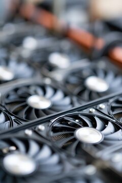 Close-up of multiple computer graphics card cooling fans in a cryptocurrency mining rig setup