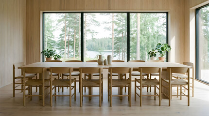 Fototapeta premium Modern minimalist dining room interior with wooden furniture and large windows overlooking a forest.