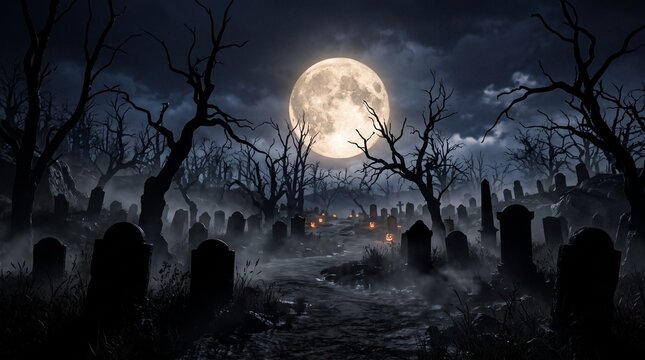Spooky graveyard at night with full moon twisted trees and pumpkins