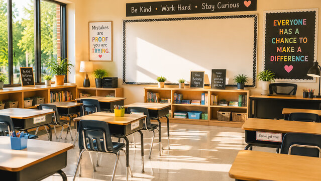 Neatly arranged teaching station with school supplies, planning materials, classroom organization tools, and positive educational decor.