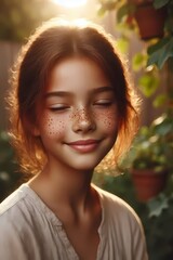 Fototapeta premium A girl with a cascade of freckles across her nose beams a smile with closed, happy eyes in a warm portrait, Ai generated image
