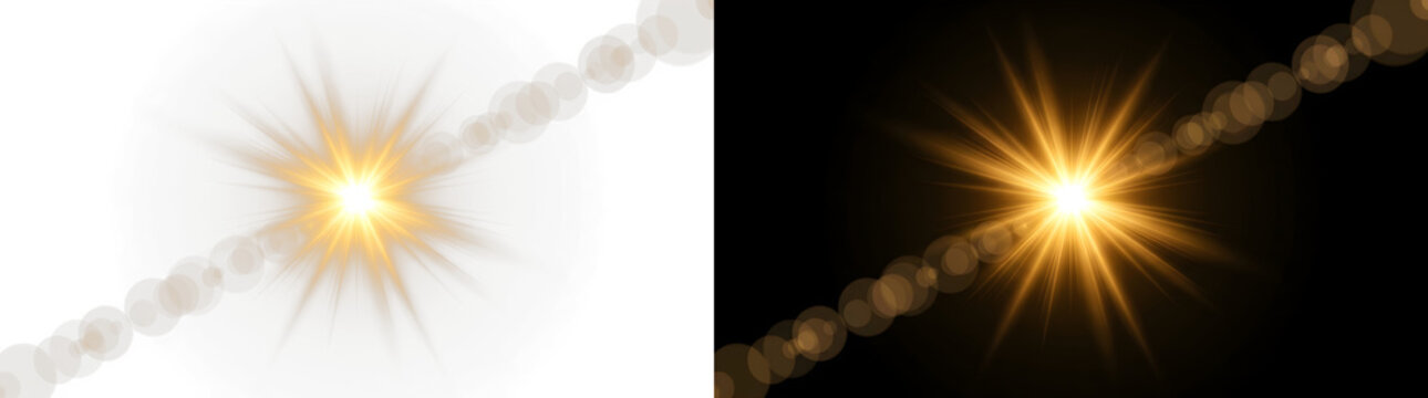 Glowing golden lens flare effect featuring brilliant radial sunbeams and sparkling light streaks captured in a high resolution on transparent background