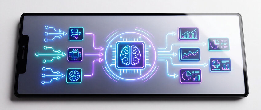 Artificial intelligence data processing on smartphone features glowing neon icons and digital diagrams for machine learning analytics and business intelligence visualization