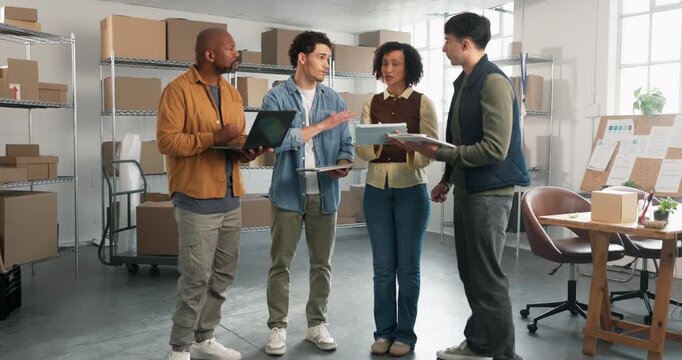 Startup, team and people on tablet for supply chain, shipping schedule and planning for logistics. Talking, meeting and workers on tech for inventory list for distribution, delivery report and order