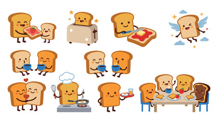 Naklejka premium Cute toast characters collection with happy emotions and food set.
