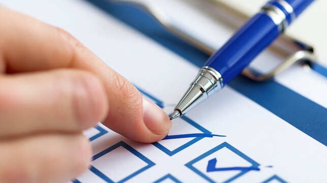 Close-up of Hand Filling Out Checklist or Survey Form with Blue Pen and Clipboard