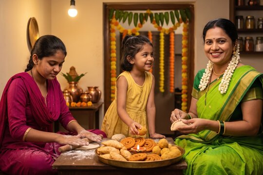Maharashtrian family making Diwali faral - mother and daughters preparing traditional sweets.