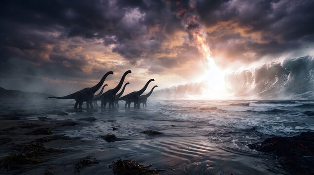 A dramatic prehistoric scene depicting a group of sauropod dinosaurs on a wet beach, witnessing a catastrophic meteor impact that creates a blazing light and triggers a massive tsunami under dark,...