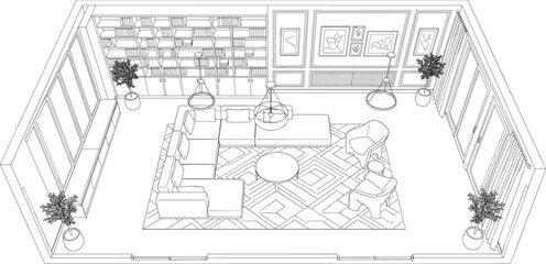 Fototapeta premium Architectural sketch of a modern living room interior with a sectional sofa and bookcase