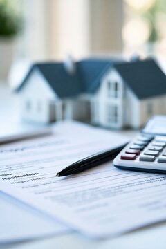 Real Estate Loan Document Signing with Calculator and Miniature House Model on Desk