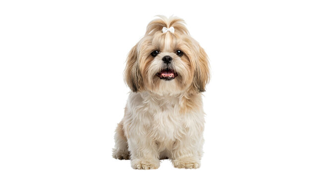 Cute Shih Tzu puppy sitting with white bow on transparent background