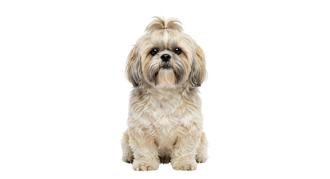 Cute Shih Tzu sitting upright on transparent background