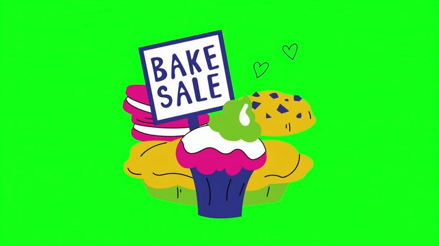 Bake sale animated illustration, colorful cupcake and cookie graphics on green screen, school fundraiser event promo