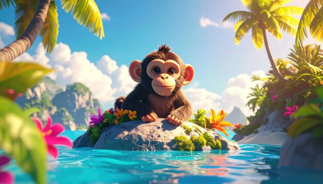 Adorable baby monkey on rock in tropical lagoon setting.