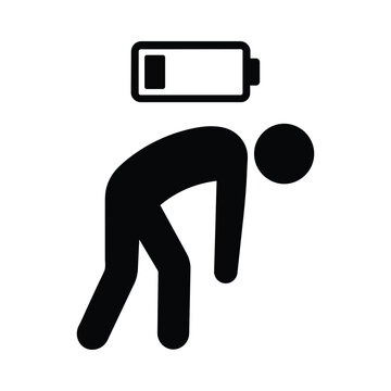Depleted energy concept icon of tired person with low battery symbol for burnout and fatigue vector
