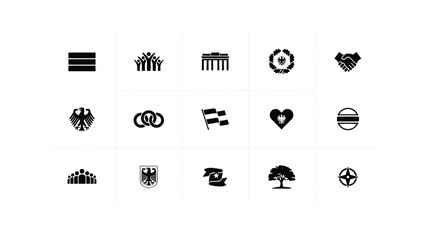 Minimalist black and white national symbolic icon set collection with high contrast grid twelve distinct symbolic icons with emblems architectural landmarks © Sourav Bairagi