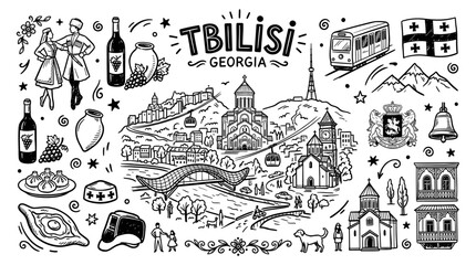 Fototapeta premium Tbilisi Georgia travel doodle illustration, hand drawn city landmark line art style