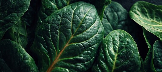 Obraz premium Fresh Raw Spinach Leaves Full Frame Background Organic Healthy Greens with Detailed Vein Texture.