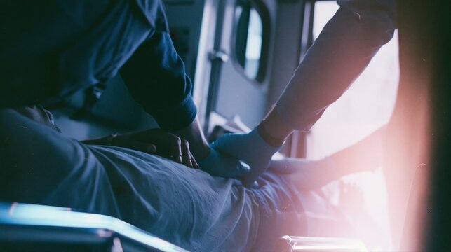 Paramedic provides CPR compression to patient