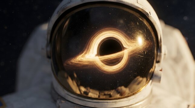 Close-up view of a white astronaut helmet with a dark glass visor reflecting a massive glowing golden black hole and accretion disk in the deep darkness of outer space, featuring dramatic lighting...
