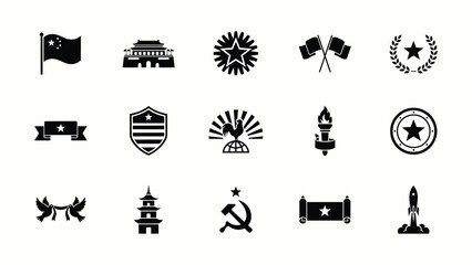 Collection of black with symbolic motifs minimalist black white style high contrast icons depicting flags displays curated set bold historic architecture emblems © Sourav Bairagi